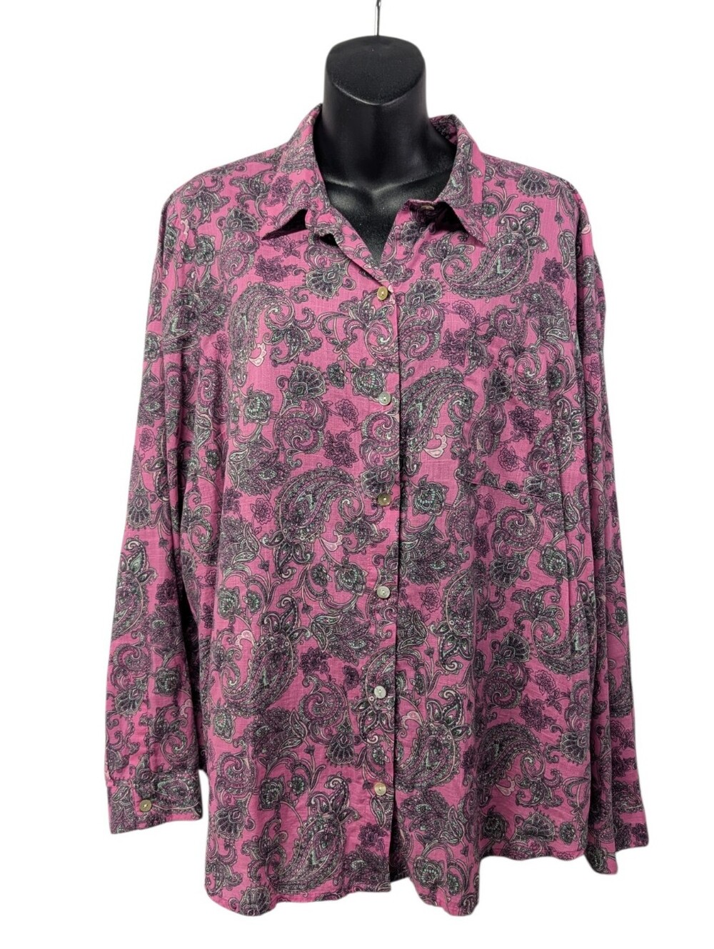 J. Jill Womens Pink Paisley Button-Up Collared Long Sleeve Woven Cotton Size L